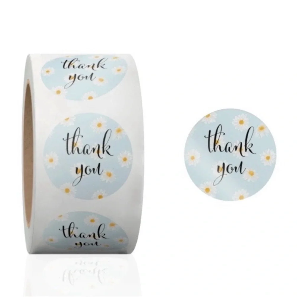 500 Thank You Stickers Roll 1.5” Daisy Floral Packaging Labels Blue White Ship